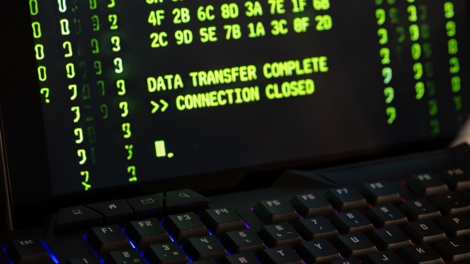 A green terminal screen reading data transfer complete